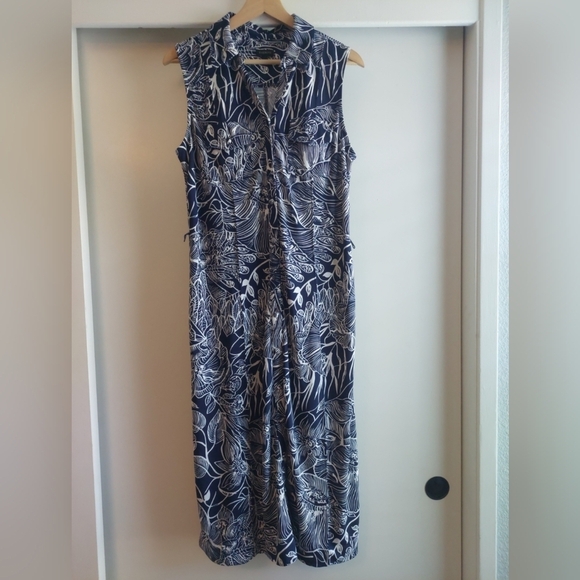 Talbots Floral Button Front Knit Maxi Dress L NAVY BLUE-WHITE RESORTWEAR - Picture 2 of 8